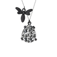 Beyaz zirkon 925 ayar siyah rodyum kaplama gümüş kolye (40 cm beyaz altın rolo zincir)