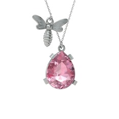 Bombus Arı Kolye - Pembe kuvars 14 ayar beyaz altın kolye (40 cm beyaz altın rolo zincir) #1ms55xc