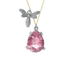 Bombus Arı Kolye - Pembe kuvars 18 ayar beyaz altın kolye (40 cm gümüş rolo zincir) #1qcgptm