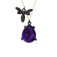 Bombus Arı Kolye - Ametist 925 ayar siyah rodyum kaplama gümüş kolye (40 cm gümüş rolo zincir) #1sbl50x