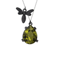 Bombus Arı Kolye - Peridot 925 ayar siyah rodyum kaplama gümüş kolye (40 cm beyaz altın rolo zincir) #3bc29y
