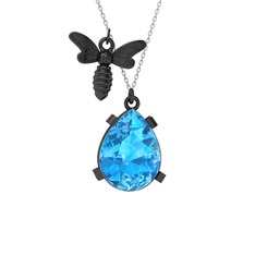 Bombus Arı Kolye - Akuamarin 925 ayar siyah rodyum kaplama gümüş kolye (40 cm gümüş rolo zincir) #841ayl