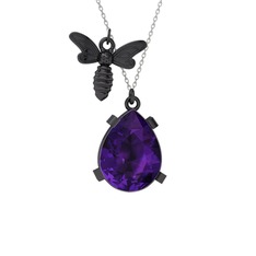 Bombus Arı Kolye - Ametist 925 ayar siyah rodyum kaplama gümüş kolye (40 cm beyaz altın rolo zincir) #8cvmjy