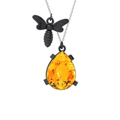 Bombus Arı Kolye - Sitrin 925 ayar siyah rodyum kaplama gümüş kolye (40 cm beyaz altın rolo zincir) #cgutj