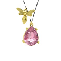 Bombus Arı Kolye - Pembe kuvars 8 ayar altın kolye (40 cm gümüş rolo zincir) #g01pj8