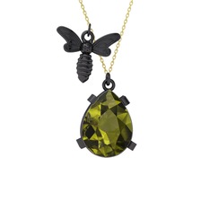 Bombus Arı Kolye - Peridot 925 ayar siyah rodyum kaplama gümüş kolye (40 cm altın rolo zincir) #icz9la