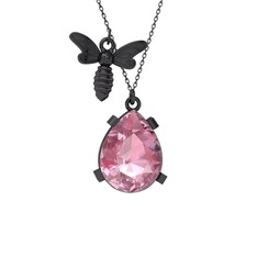 Bombus Arı Kolye - Pembe kuvars 925 ayar siyah rodyum kaplama gümüş kolye (40 cm gümüş rolo zincir) #kvnbhx