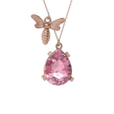 Bombus Arı Kolye - Pembe kuvars 8 ayar rose altın kolye (40 cm rose altın rolo zincir) #l3d9ow