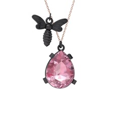 Bombus Arı Kolye - Pembe kuvars 925 ayar siyah rodyum kaplama gümüş kolye (40 cm rose altın rolo zincir) #l6ckj0