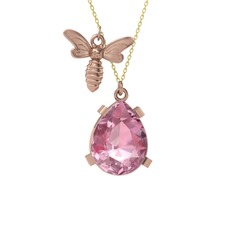 Bombus Arı Kolye - Pembe kuvars 18 ayar rose altın kolye (40 cm altın rolo zincir) #p6v1l6