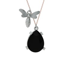 Bombus Arı Kolye - Siyah zirkon 18 ayar beyaz altın kolye (40 cm gümüş rolo zincir) #v103ek
