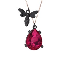 Bombus Arı Kolye - Rodolit garnet 925 ayar siyah rodyum kaplama gümüş kolye (40 cm rose altın rolo zincir) #ws9kap