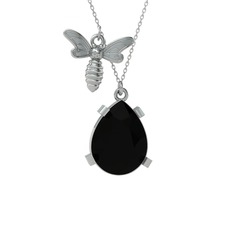 Bombus Arı Kolye - Siyah zirkon 14 ayar beyaz altın kolye (40 cm gümüş rolo zincir) #ya40nq