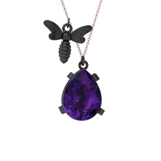 Bombus Arı Kolye - Ametist 925 ayar siyah rodyum kaplama gümüş kolye (40 cm rose altın rolo zincir) #zndtn1