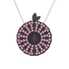 Pembe kuvars 925 ayar siyah rodyum kaplama gümüş kolye (40 cm beyaz altın rolo zincir)