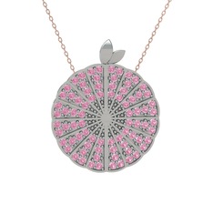 Pembe kuvars 14 ayar beyaz altın kolye (40 cm gümüş rolo zincir)