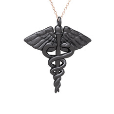 Caduceus Kolye - 925 ayar siyah rodyum kaplama gümüş kolye (40 cm rose altın rolo zincir) #ma9gq