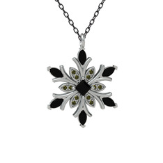 Nix Kar Tanesi Kolye - Siyah zirkon ve peridot 14 ayar beyaz altın kolye (40 cm gümüş rolo zincir) #11zug47
