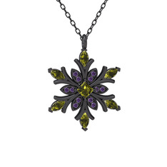 Nix Kar Tanesi Kolye - Peridot ve ametist 925 ayar siyah rodyum kaplama gümüş kolye (40 cm gümüş rolo zincir) #13exssw