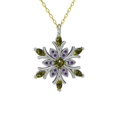 Peridot ve ametist 925 ayar gümüş kolye (40 cm altın rolo zincir)