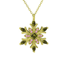 Peridot ve pembe kuvars 14 ayar altın kolye (40 cm altın rolo zincir)
