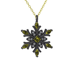 Nix Kar Tanesi Kolye - Peridot ve beyaz zirkon 925 ayar siyah rodyum kaplama gümüş kolye (40 cm altın rolo zincir) #14ln6pw