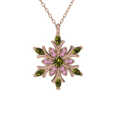 Nix Kar Tanesi Kolye - Peridot ve pembe kuvars 14 ayar rose altın kolye (40 cm rose altın rolo zincir) #14p28md