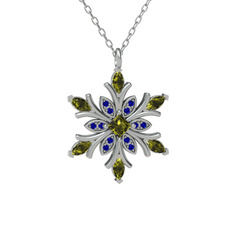 Peridot ve lab safir 8 ayar beyaz altın kolye (40 cm gümüş rolo zincir)