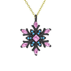 Nix Kar Tanesi Kolye - Pembe kuvars ve akuamarin 925 ayar siyah rodyum kaplama gümüş kolye (40 cm altın rolo zincir) #15cr2a1