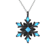 Nix Kar Tanesi Kolye - Akuamarin ve siyah zirkon 925 ayar siyah rodyum kaplama gümüş kolye (40 cm gümüş rolo zincir) #15eg0pf