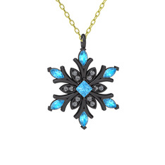 Nix Kar Tanesi Kolye - Akuamarin ve swarovski 925 ayar siyah rodyum kaplama gümüş kolye (40 cm altın rolo zincir) #17w3tmh