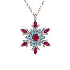 Nix Kar Tanesi Kolye - Rodolit garnet ve akuamarin 8 ayar beyaz altın kolye (40 cm rose altın rolo zincir) #17zr06x