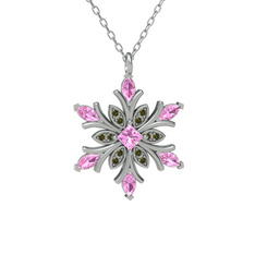 Pembe kuvars ve peridot 8 ayar beyaz altın kolye (40 cm beyaz altın rolo zincir)