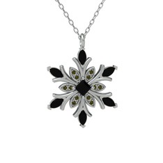 Nix Kar Tanesi Kolye - Siyah zirkon ve peridot 14 ayar beyaz altın kolye (40 cm gümüş rolo zincir) #18642uc