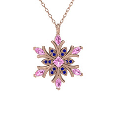 Pembe kuvars ve lab safir 18 ayar rose altın kolye (40 cm rose altın rolo zincir)