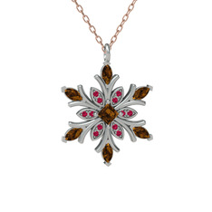 Dumanlı kuvars ve rodolit garnet 8 ayar beyaz altın kolye (40 cm rose altın rolo zincir)