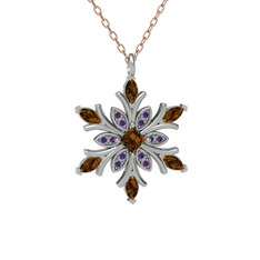 Nix Kar Tanesi Kolye - Dumanlı kuvars ve ametist 8 ayar beyaz altın kolye (40 cm rose altın rolo zincir) #19v6u9e