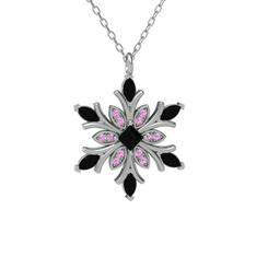 Siyah zirkon ve pembe kuvars 8 ayar beyaz altın kolye (40 cm beyaz altın rolo zincir)