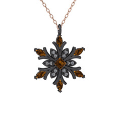 Nix Kar Tanesi Kolye - Dumanlı kuvars ve pırlanta 925 ayar siyah rodyum kaplama gümüş kolye (0.1056 karat, 40 cm rose altın rolo zincir) #1cc7wtf