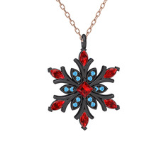 Garnet ve akuamarin 925 ayar siyah rodyum kaplama gümüş kolye (40 cm rose altın rolo zincir)