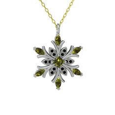 Peridot ve siyah zirkon 18 ayar beyaz altın kolye (40 cm gümüş rolo zincir)
