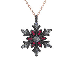 Swarovski ve rodolit garnet 925 ayar siyah rodyum kaplama gümüş kolye (40 cm rose altın rolo zincir)