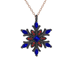 Lab safir ve garnet 925 ayar siyah rodyum kaplama gümüş kolye (40 cm rose altın rolo zincir)