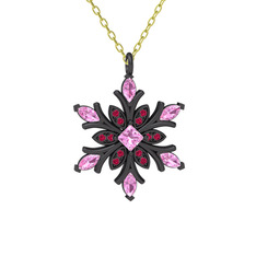 Nix Kar Tanesi Kolye - Pembe kuvars ve rodolit garnet 925 ayar siyah rodyum kaplama gümüş kolye (40 cm altın rolo zincir) #1l2v2wl