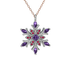 Ametist ve rodolit garnet 8 ayar beyaz altın kolye (40 cm rose altın rolo zincir)