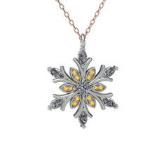 Beyaz zirkon ve sitrin 8 ayar beyaz altın kolye (40 cm rose altın rolo zincir)