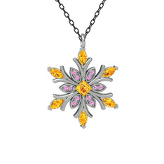 Nix Kar Tanesi Kolye - Sitrin ve pembe kuvars 8 ayar beyaz altın kolye (40 cm gümüş rolo zincir) #1txykm3