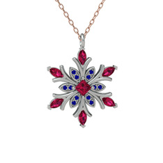 Rodolit garnet ve lab safir 14 ayar beyaz altın kolye (40 cm rose altın rolo zincir)