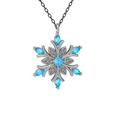Akuamarin ve swarovski 14 ayar beyaz altın kolye (40 cm gümüş rolo zincir)