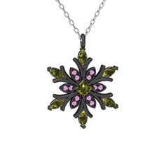 Nix Kar Tanesi Kolye - Peridot ve pembe kuvars 925 ayar siyah rodyum kaplama gümüş kolye (40 cm gümüş rolo zincir) #1v2a1v3